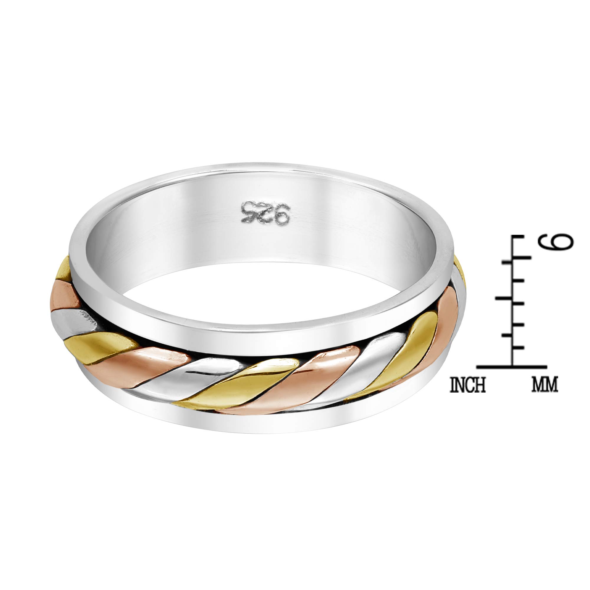 AeraVida Unisex Stylish Triple Colored Finish Rose Gold & Gold Plated with Silver Braided Design Sterling Silver Ring Sizes 6-8 for Cute & Versatile Fashion & Style