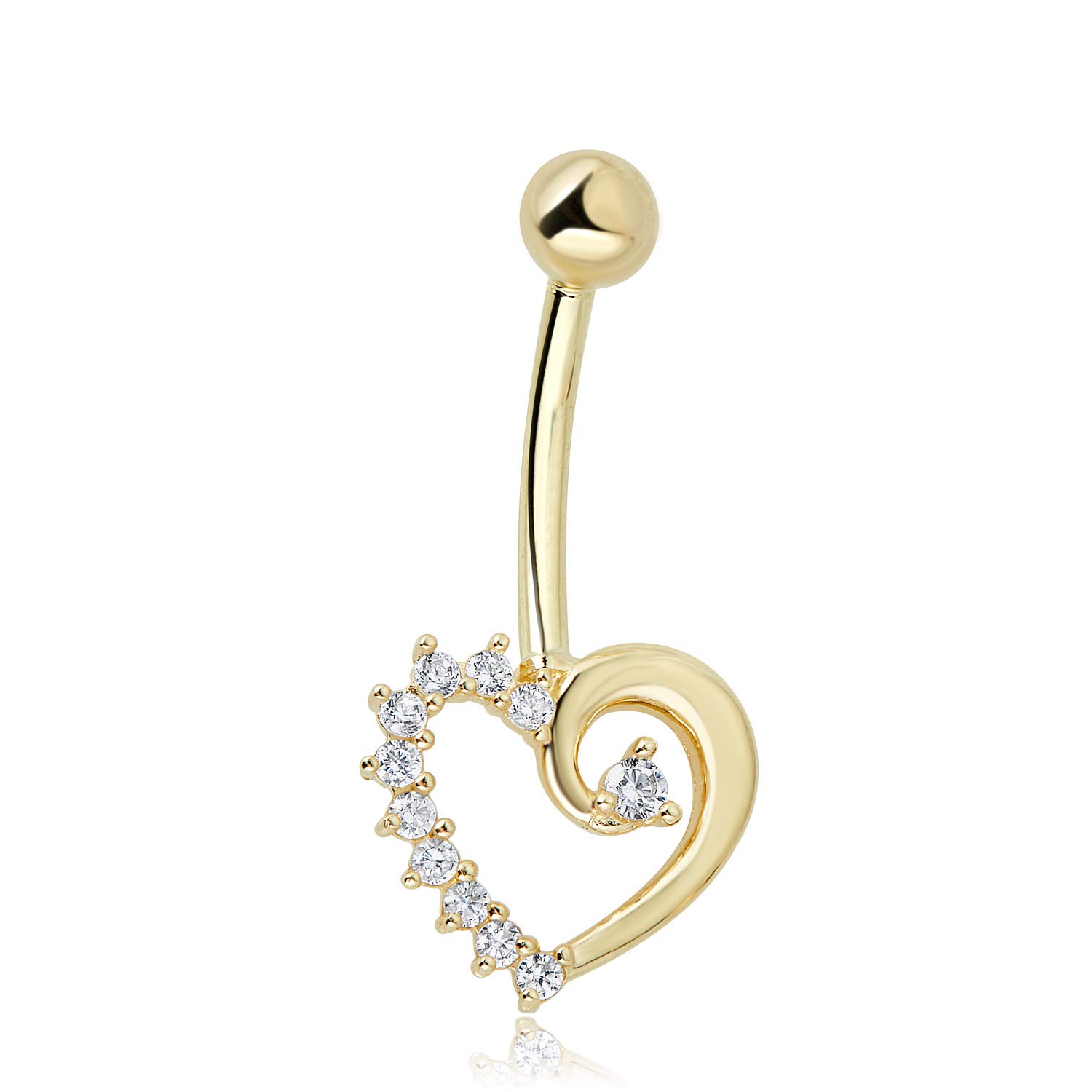 AVORA 10K Yellow Gold Simulated Diamond CZ Curly Heart Belly Button Ring Body Jewelry (14 Gauge)