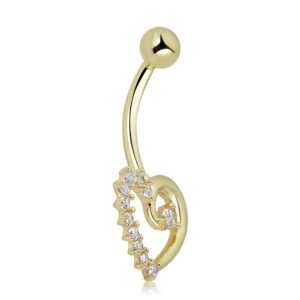 AVORA 10K Yellow Gold Simulated Diamond CZ Curly Heart Belly Button Ring Body Jewelry (14 Gauge)