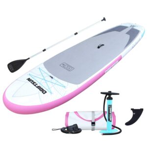 driftsun 11 foot extra wide inflatable stand up paddle board package with rolling travel storage backpack, foldable aluminum pole, and more, pink