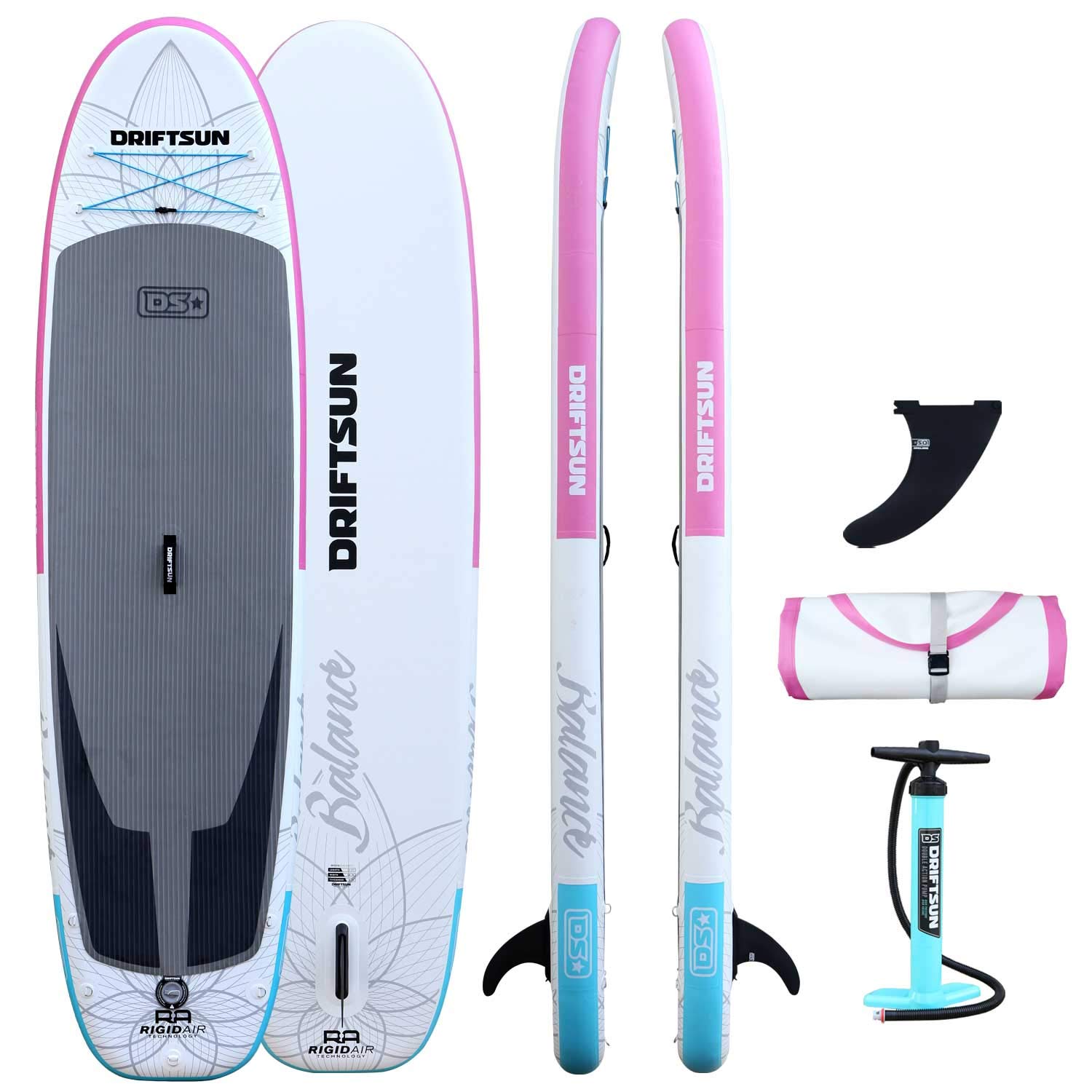 Driftsun 11 Foot Extra Wide Inflatable Stand Up Paddle Board Package with Rolling Travel Storage Backpack, Foldable Aluminum Pole, and More, Pink