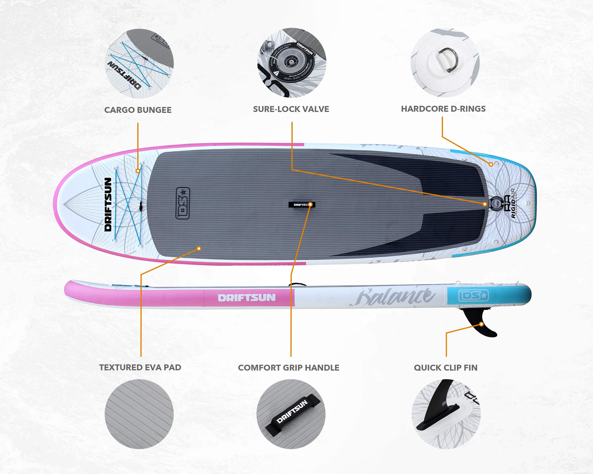 Driftsun 11 Foot Extra Wide Inflatable Stand Up Paddle Board Package with Rolling Travel Storage Backpack, Foldable Aluminum Pole, and More, Pink