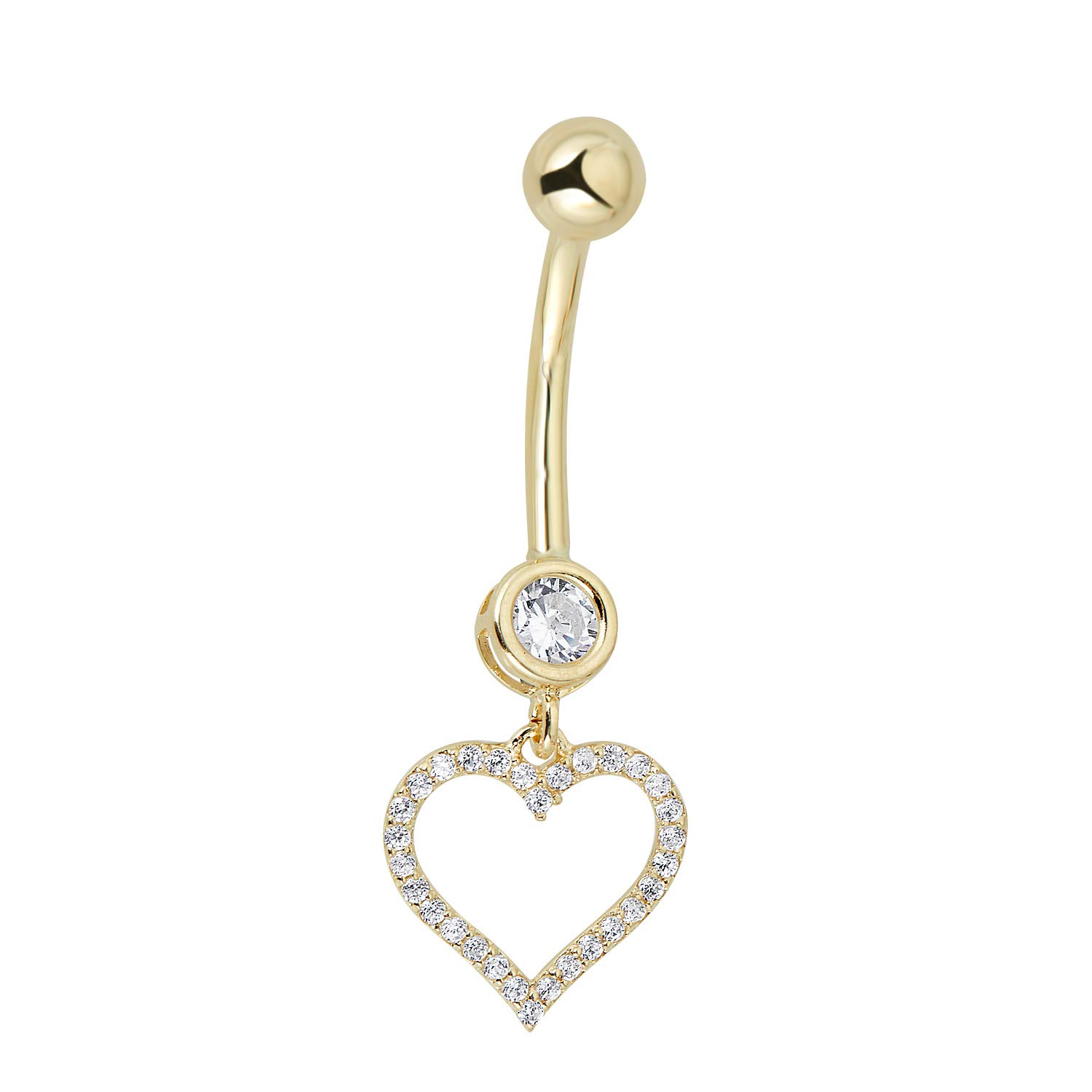 AVORA 10K Yellow Gold Simulated Diamond CZ Open Heart Dangling Belly Button Ring Body Jewelry (14 Gauge)