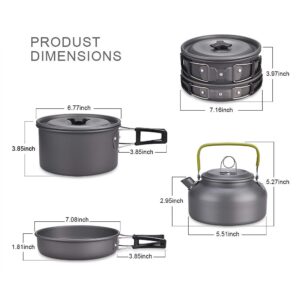 Camping Cookware Mess Kit, Lightweight Hiking Cookware Set with Mesh Bag, Nonstick Aluminum Cooking Kit,Outdoor Pot Pan Kettle Backpacking Mess Kit with Bowls