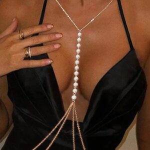 Tgirls Dainty Pearl Body Chain Gold Layered Body Chains Tassel Necklace Dress Jewelry for Women