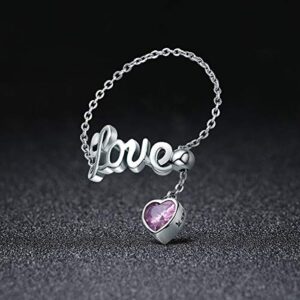 Love Statement Wedding Band Rings Sterling Silver Pink Crystal Cubic Zirconia Adjustable Tassel Link Chain Stackable Eternity Promise Ring for Women