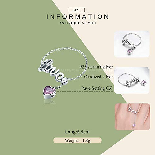 Love Statement Wedding Band Rings Sterling Silver Pink Crystal Cubic Zirconia Adjustable Tassel Link Chain Stackable Eternity Promise Ring for Women