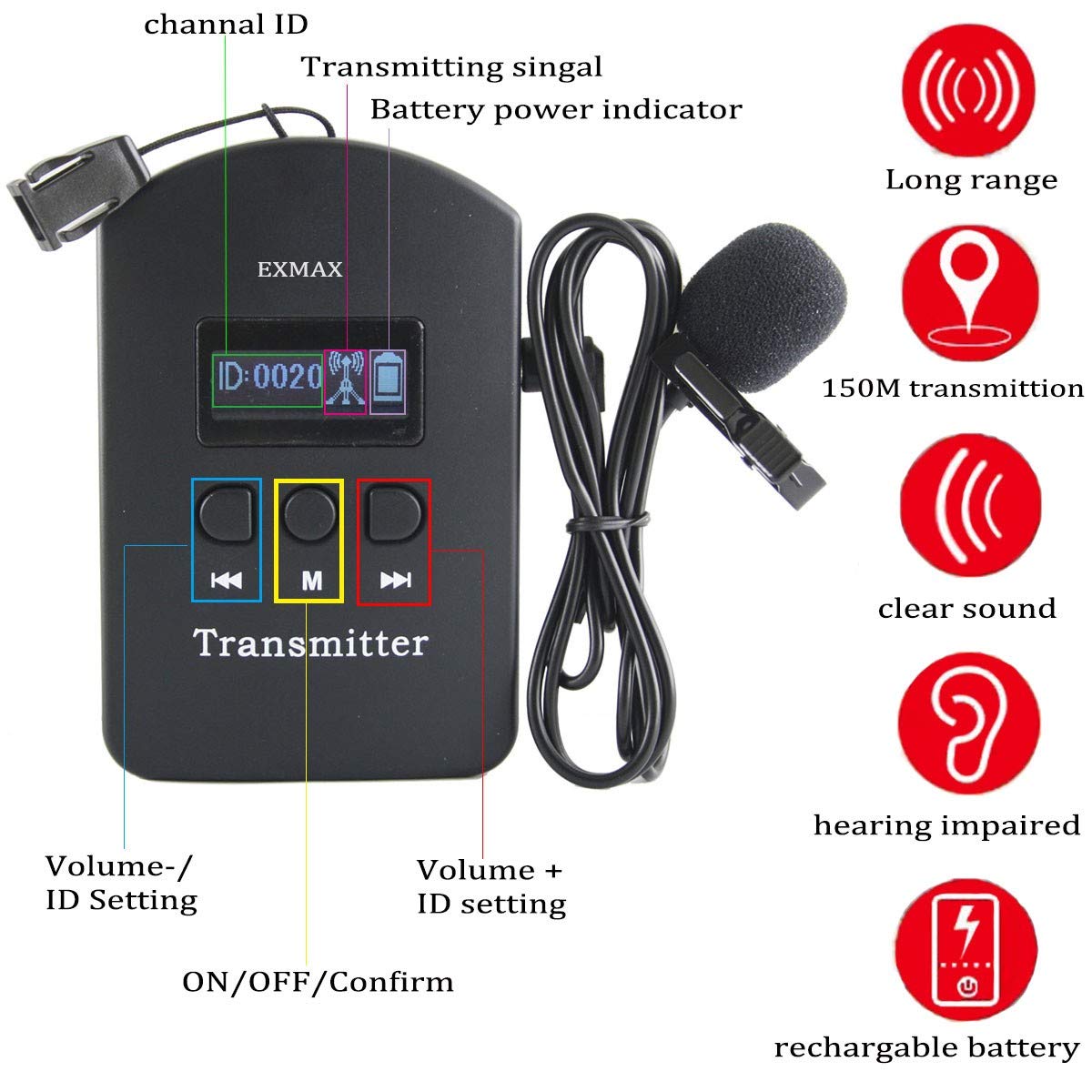 EXMAX EXD-101 2.4GHz Audio Guide Equipment Translation Church System for Factory Tour Guide Training Teaching Conference Tourism Museums Galleries(5 Transmitters 60 Receivers & 64-slot Charging Case)