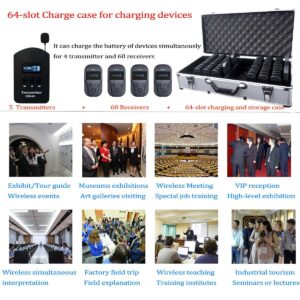 EXMAX EXD-101 2.4GHz Audio Guide Equipment Translation Church System for Factory Tour Guide Training Teaching Conference Tourism Museums Galleries(5 Transmitters 60 Receivers & 64-slot Charging Case)