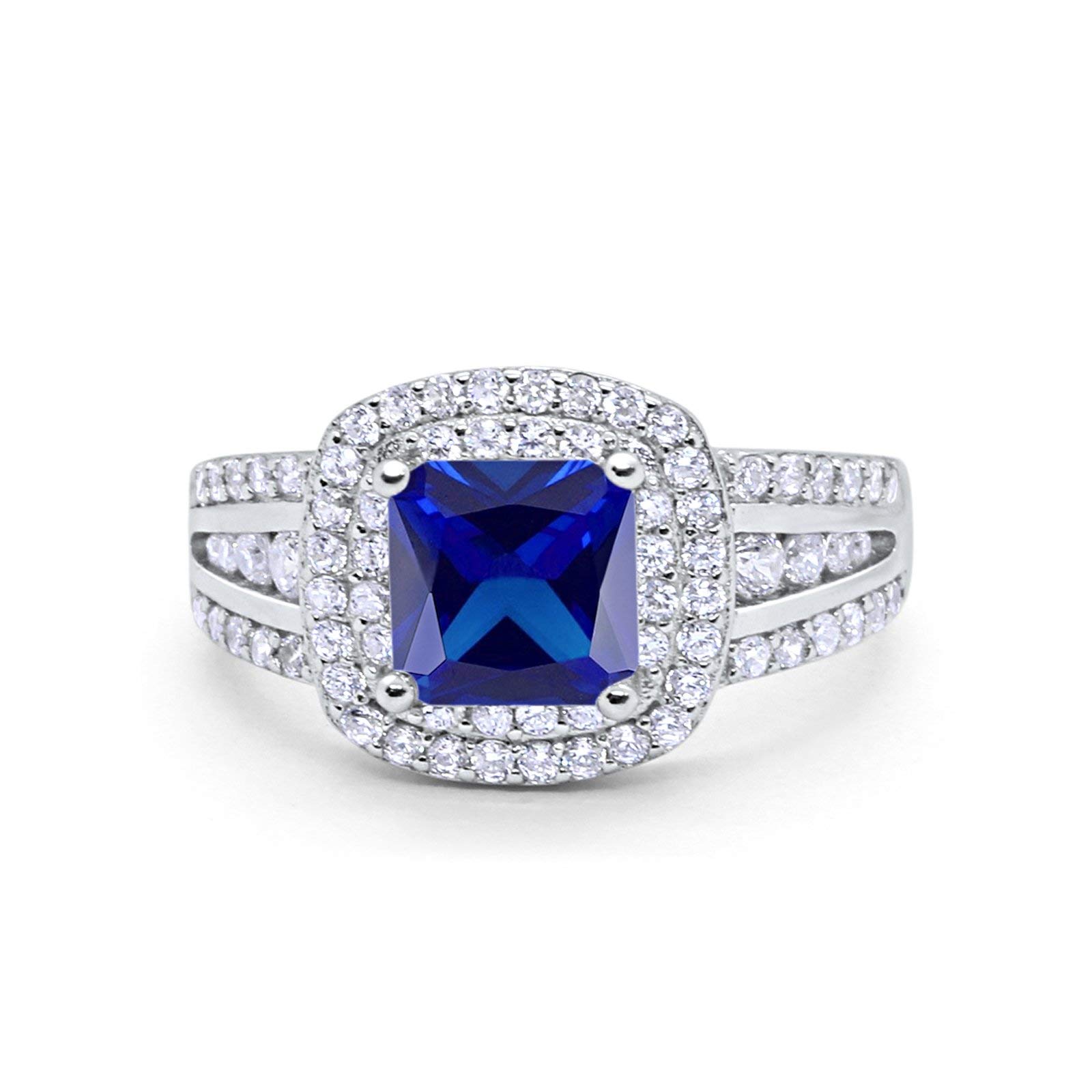 Halo Art Deco Wedding Engagement Ring Princess Cut Round Simulated Blue Sapphire Cubic Zirconia 925 Sterling Silver Size-10