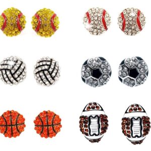 6 Pair Upgrade Unique Rhinestone Stud Earrings Cute Basketball Volleyball Baseball Football Rugby Shiny Crystal Sport Earrings for Women Gift-6pairs