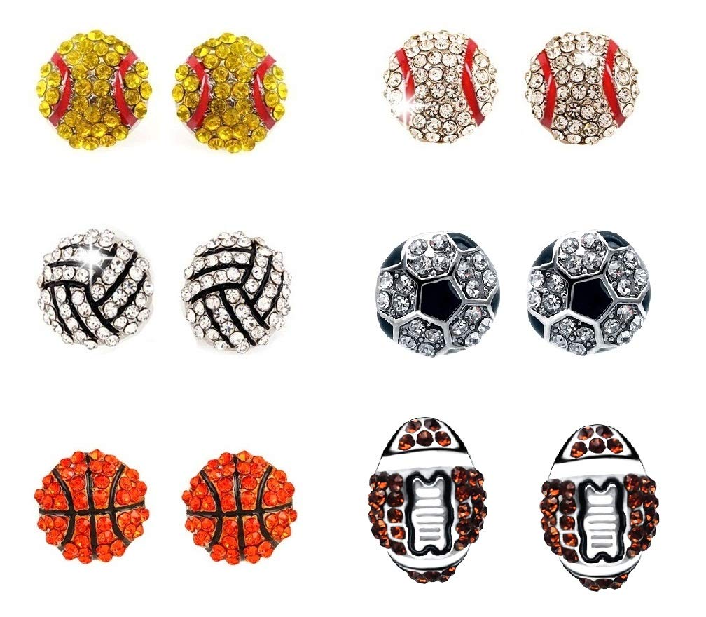 6 Pair Upgrade Unique Rhinestone Stud Earrings Cute Basketball Volleyball Baseball Football Rugby Shiny Crystal Sport Earrings for Women Gift-6pairs