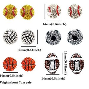 6 Pair Upgrade Unique Rhinestone Stud Earrings Cute Basketball Volleyball Baseball Football Rugby Shiny Crystal Sport Earrings for Women Gift-6pairs