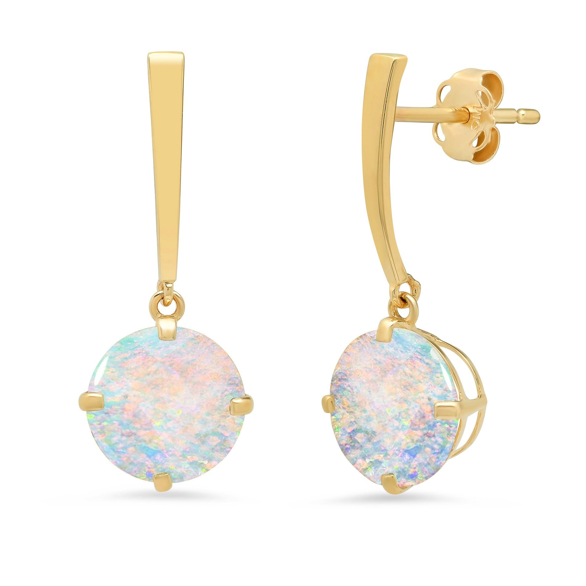 MAX + STONE 14k Yellow Gold Solitaire Created Opal Round Drop Dangle Earrings for Women 8mm October Birthstone with Push Backs