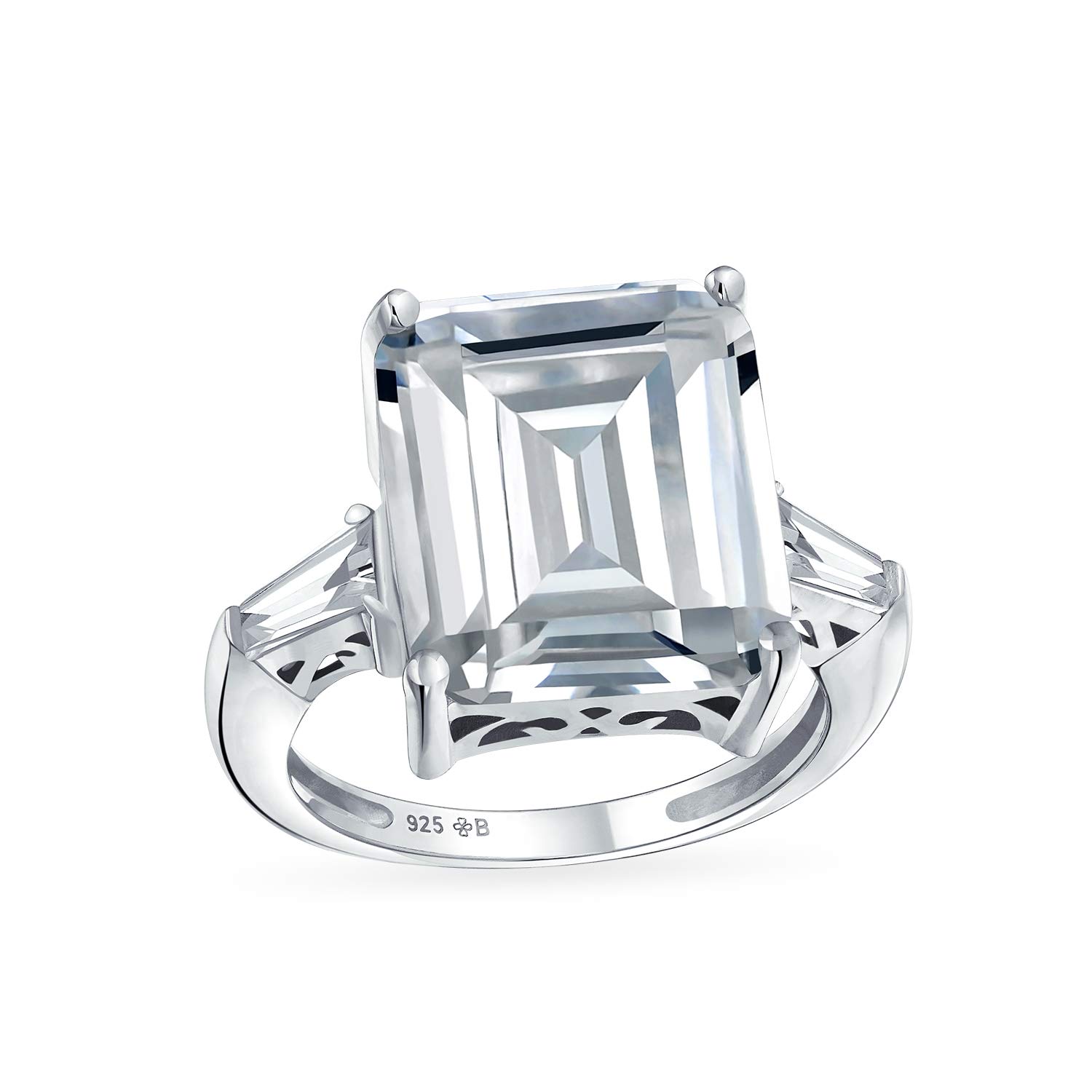 Art Deco Style Big 7CT AAA CZ Statement Solitaire Emerald Cut Engagement Ring For Women Side Stone Baguette Thin Band .925 Sterling Silver Decorative Setting