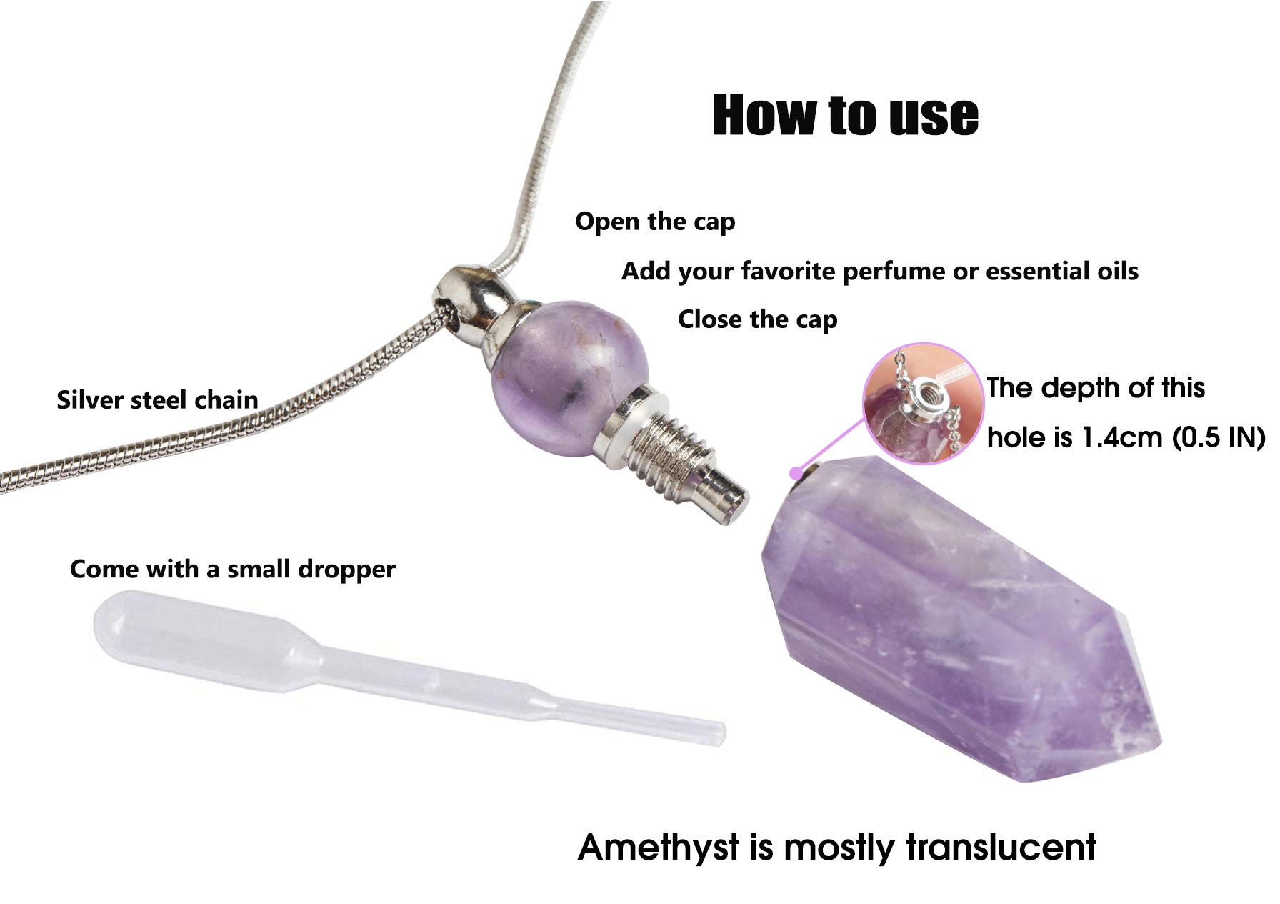 AMOYSTONE 1P Natural Amethyst Healing Oil Crystals Perfume Bottle Necklace Aromatherapy Bullet Shape Pendant Womens Gift