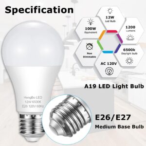 HengBo LED Light Bulbs 100 Watt Equivalent, 6500K Daylight 1200LM White Light Bulb, 12W Non-Dimmable, E26 E27 Standard Medium Base Bulb for Bathroom, Kitchen, Living Room (Pack of 4)