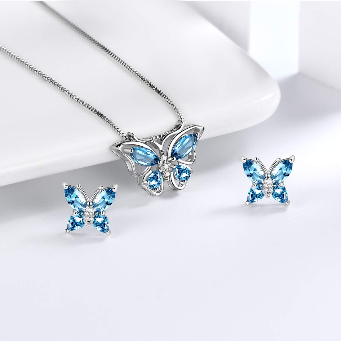 Aurora Tears Butterfly Jewelry Set,925 Sterling Silver Butterflies March-Aquamarine Birthstone Pendant Necklace Earrings for Women Teen DS0035S