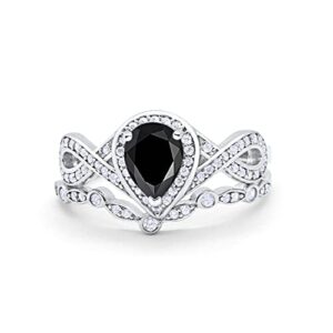 Teardrop Bridal Set Art Deco Wedding Engagement Ring Band Pear RoundSimulated Black Cubic Zirconia 925 Sterling Silver Size-7