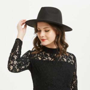 Women or Men Woolen Felt Fedora Hat Vintage Widet Brim Crushable Hat Belt Jazz, Black 58-60cm