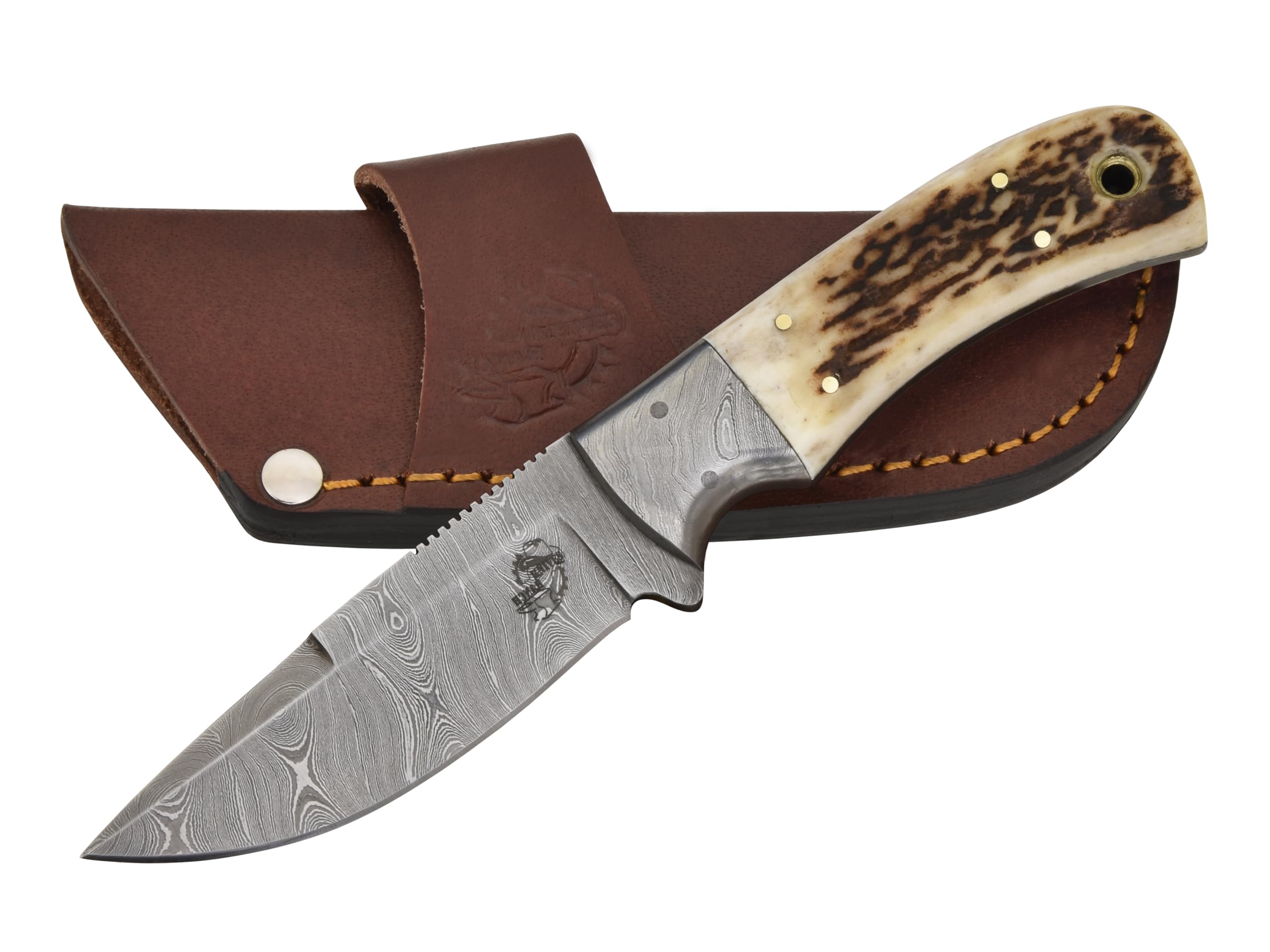 Knives Ranch Handmade All-Rounder Damascus Steel 7-1/2" Knife with Red Stag Antler Handle and Heavy-Duty Cow Leather Horizontal Carrying Cowboy Style Sheath (2142-SG)