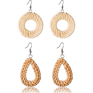 rattan earrings hoops for women large woven handmade straw diy teardrop circle bohemian style clip lightweight disc wickers