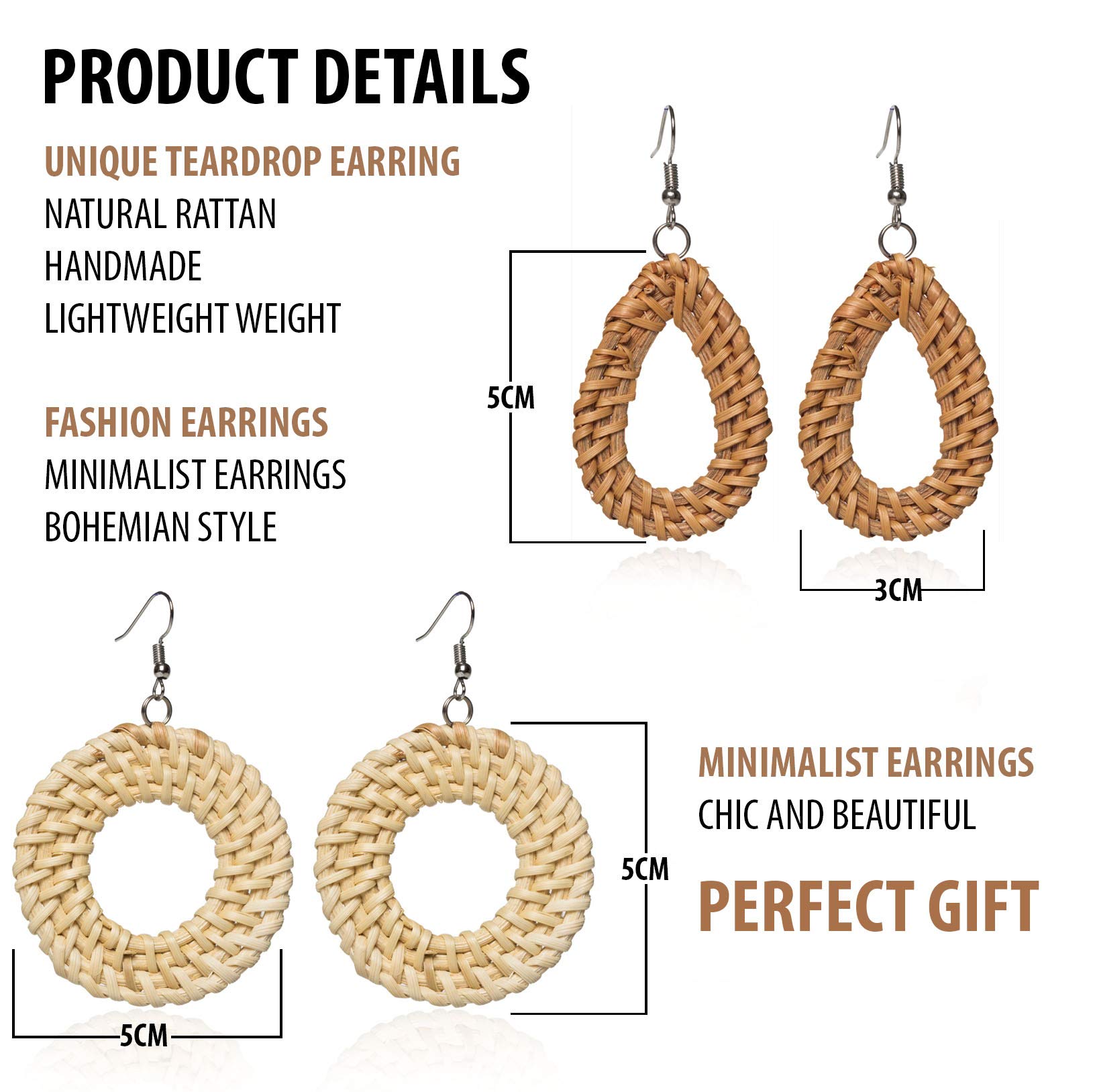 Rattan Earrings Hoops For Women Large Woven Handmade Straw DIY Teardrop Circle Bohemian Style Clip Lightweight Disc Wickers