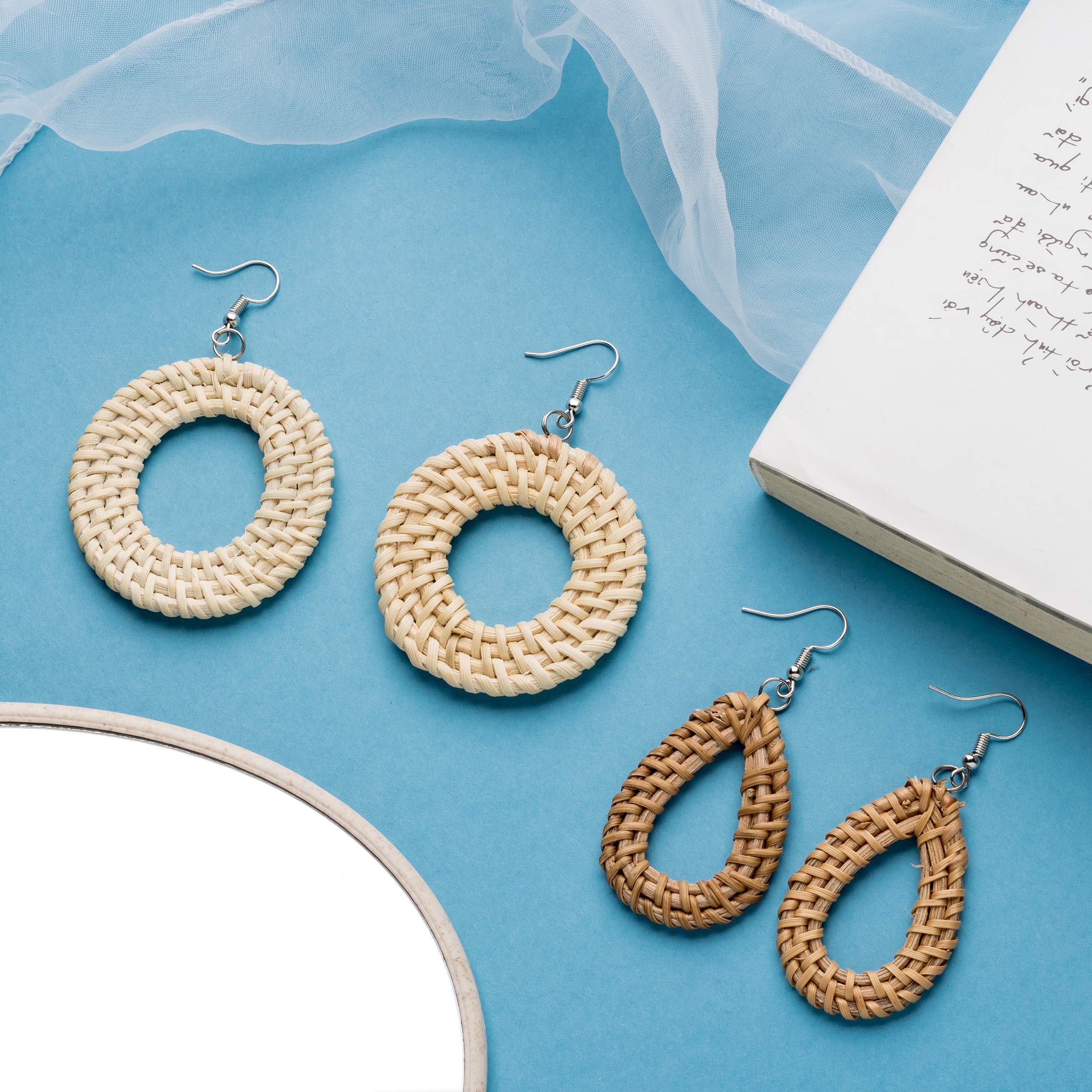 Rattan Earrings Hoops For Women Large Woven Handmade Straw DIY Teardrop Circle Bohemian Style Clip Lightweight Disc Wickers