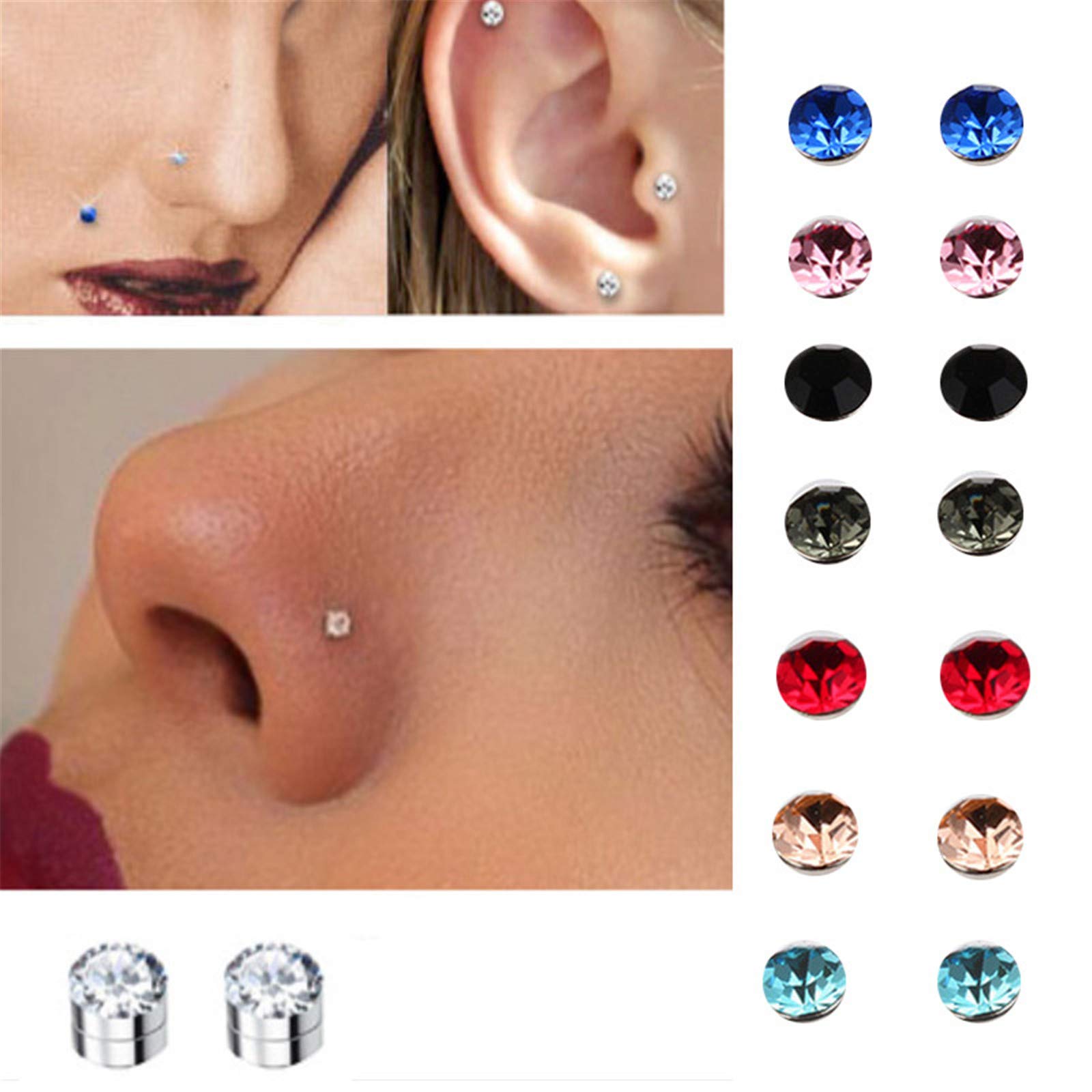 Emivery 5mm Crystal Magnetic Stud Earring Magnet Nose Ear Lip Stud Non Piercing Tragus Nose Stud 8 Pairs/Pack (8 Pairs Multi)