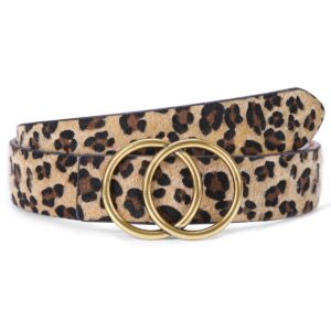 suosdey women's leopard print leather belt for jeans dresses fashion waist belt with gold double ring buckle