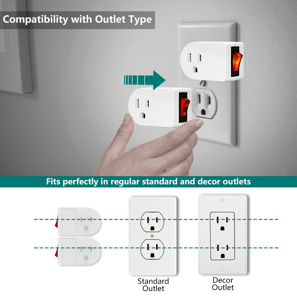 ANKO Grounded Outlet Adapter, ETL Listed Wall Tap Adapter with Red Indicator On/Off Power Switch (4 Pack)