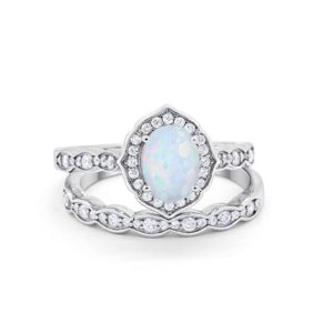 blue apple co. two piece art deco vintage style wedding engagement bridal set ring band oval round lab white opal cubic zirconia 925 sterling silver size-9