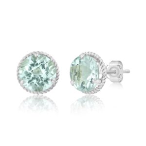 MAX + STONE 14k White Gold Roped Halo Aquamarine Round Stud Earrings for Women with Push Backs and 8mm March Birthstone