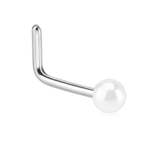 316L Surgical Steel Nose Stud Ring L Bend 2mm White Faux Pearl 20G