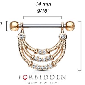 Forbidden Body Jewelry Pair of Surgical Steel 9/16 Inch D-Ring Style Pave CZ Triple Rope Dangle Nipple Barbells, Rose Gold Tone