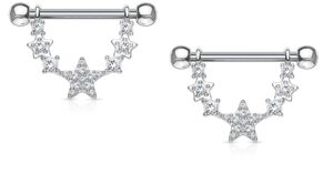 forbidden body jewelry pair of surgical steel 9/16 inch d-ring style pave cz star chain dangle nipple barbells, silver tone