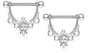 forbidden body jewelry pair of surgical steel 1/2 inch d-ring style fancy cz chandelier dangle nipple barbells, silver tone