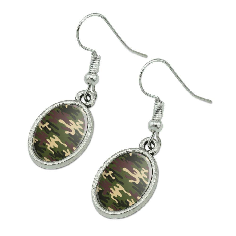 Green Camouflage Novelty Dangling Drop Oval Charm Earrings