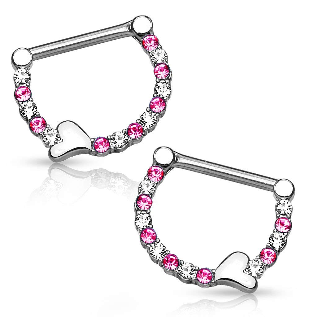 Forbidden Body Jewelry Pair of Surgical Steel 1/2 Inch CZ Crystal Lined Sweetheart Nipple Ring Clikers, Clear/Pink