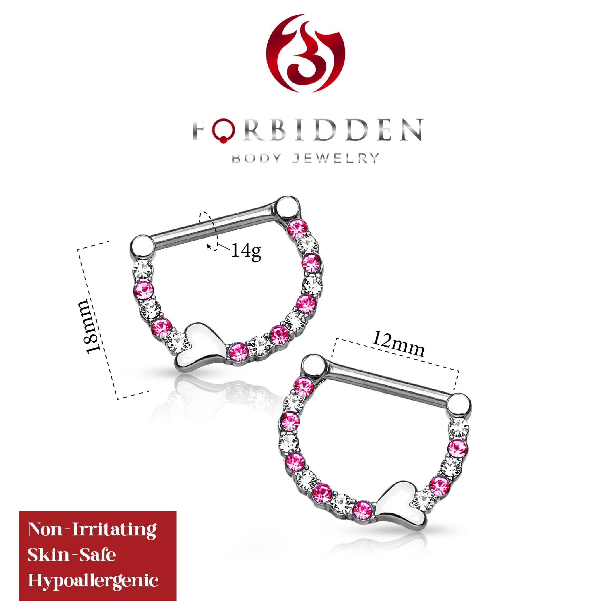 Forbidden Body Jewelry Pair of Surgical Steel 1/2 Inch CZ Crystal Lined Sweetheart Nipple Ring Clikers, Clear/Pink