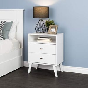 Prepac Milo Mid-Century Modern 2 Drawer Nightstand With Open Shelf, 16"D x 22.5"W x 29.5"H, White