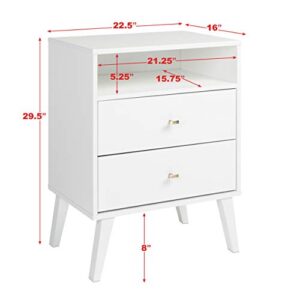 Prepac Milo Mid-Century Modern 2 Drawer Nightstand With Open Shelf, 16"D x 22.5"W x 29.5"H, White