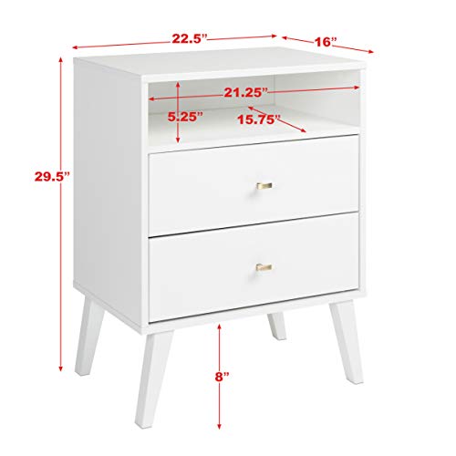 Prepac Milo Mid-Century Modern 2 Drawer Nightstand With Open Shelf, 16"D x 22.5"W x 29.5"H, White