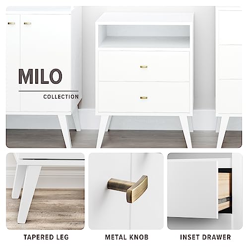 Prepac Milo Mid-Century Modern 2 Drawer Nightstand With Open Shelf, 16"D x 22.5"W x 29.5"H, White