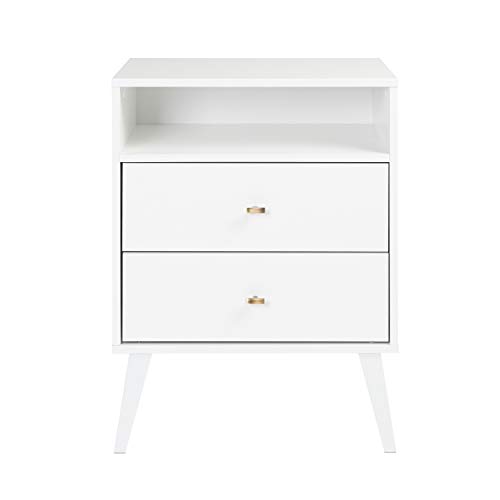 Prepac Milo Mid-Century Modern 2 Drawer Nightstand With Open Shelf, 16"D x 22.5"W x 29.5"H, White