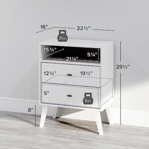 Prepac Milo Mid-Century Modern 2 Drawer Nightstand With Open Shelf, 16"D x 22.5"W x 29.5"H, White