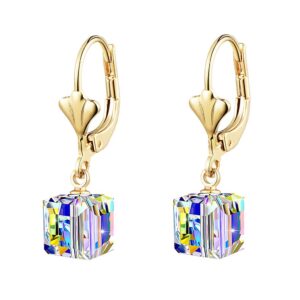 Austrian Crystal Cube Drop Earrings for Women Leverback Dangle Earrings 14K Gold Plated Hypoallergenic Jewelry (Aurora Borealis)