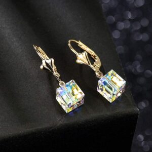 Austrian Crystal Cube Drop Earrings for Women Leverback Dangle Earrings 14K Gold Plated Hypoallergenic Jewelry (Aurora Borealis)