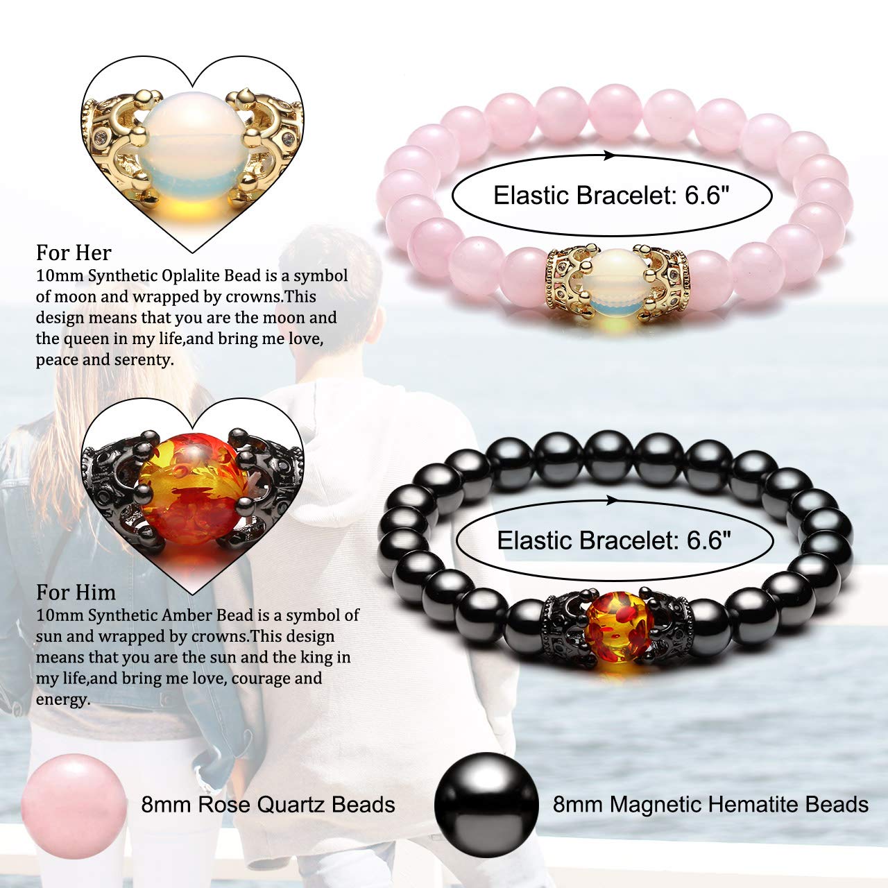 Jovivi 2pcs Couple Bracelets for Men Women 8mm Rose Quartz Hematite Healing Energy Beads Stretch Crown King Charm Bracelet Adjustable