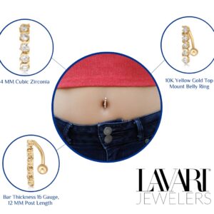 Lavari Jewelers 16 Gauge Top Mount Belly Ring for Women in 10k Yellow Gold with Cubic Zirconia 12 mm Post Length